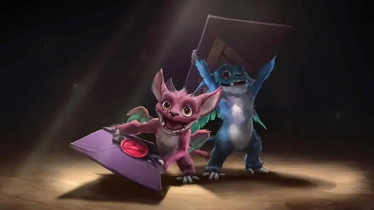 Valve's Artifact mascots holding invite letters.