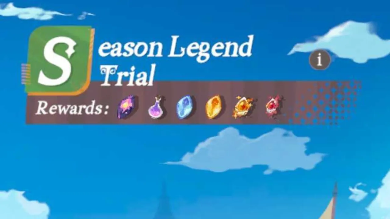 A screenshot of the Season Legend Trial in AFK Journey highlighting the weapon essences as rewards.