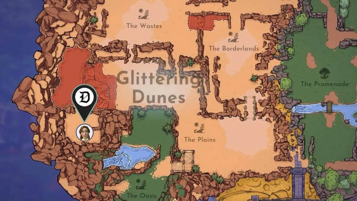 The location of the Ancient Dictionary marked on a map in Disney Dreamlight Valley.