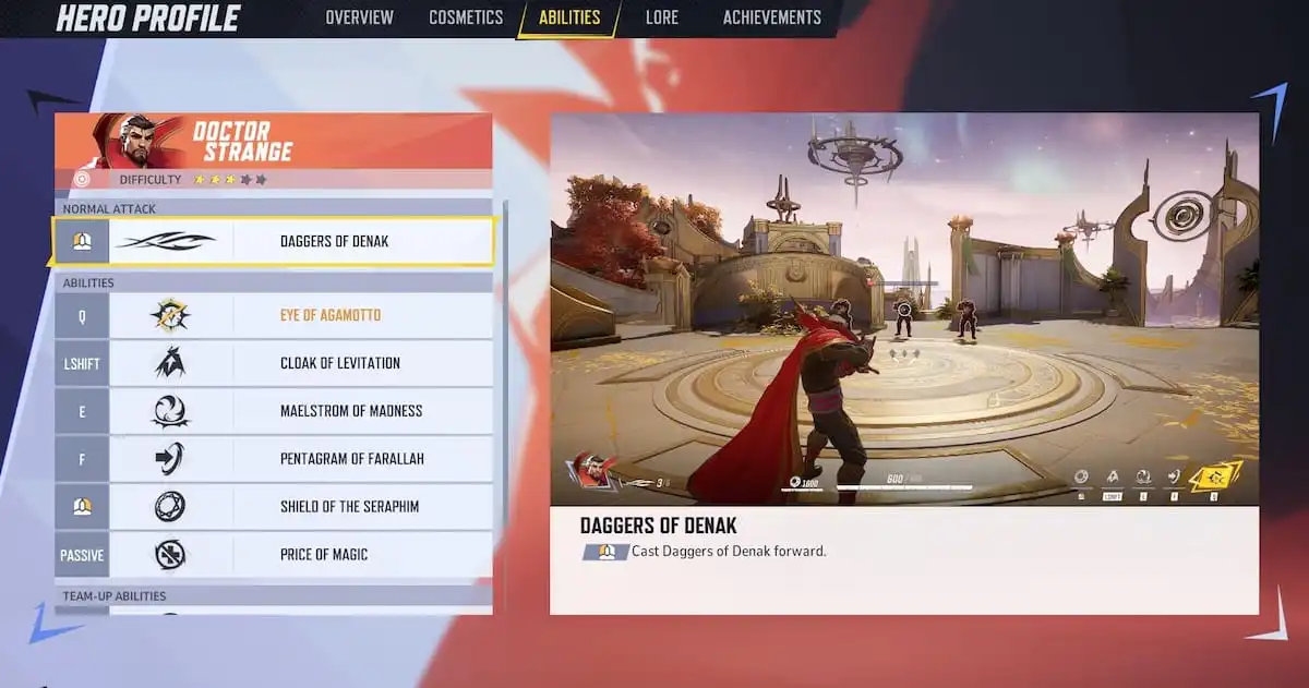 A screenshot from Marvel Rivals showing Doctor Strange's abilities in the hero profile tab.