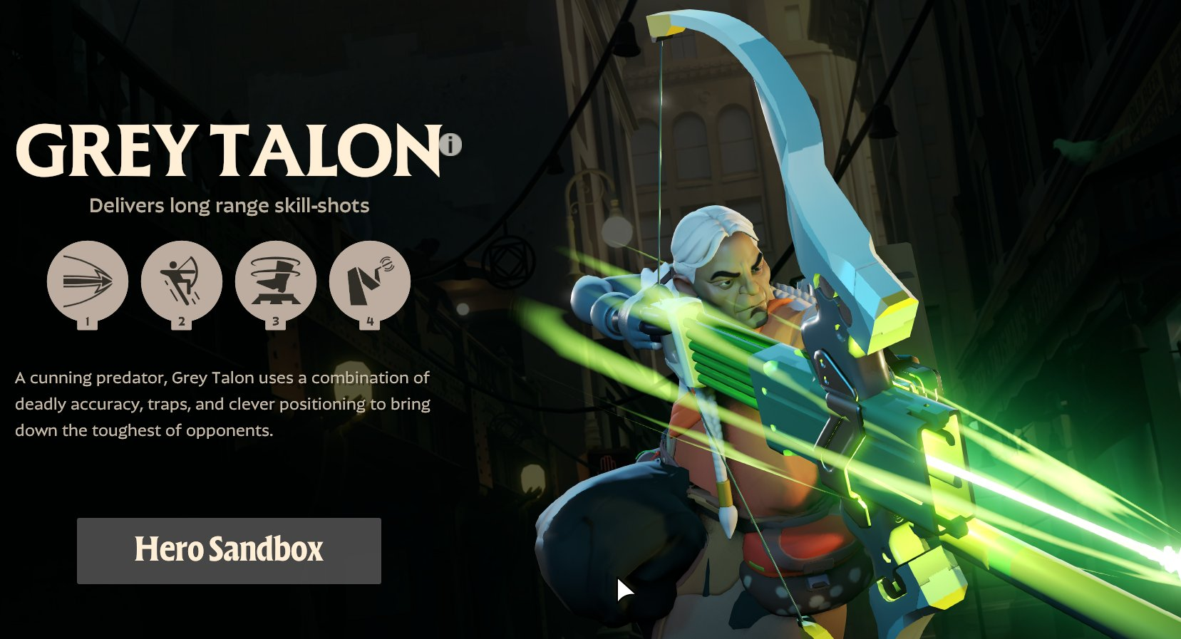 A screenshot of an early build of Deadlock featuring a hero named Grey Talon wielding a green bow.