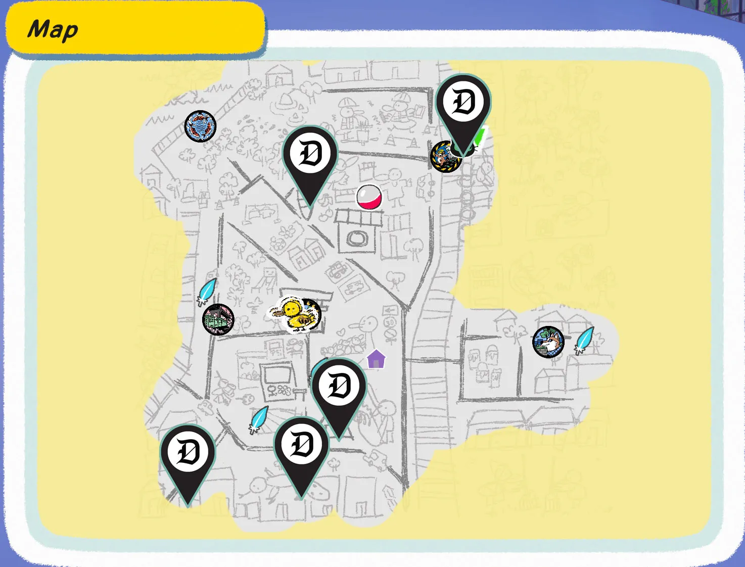 A map of the city in Little Kitty, Big City, showing five placemarkers where each cardboard box can be found.