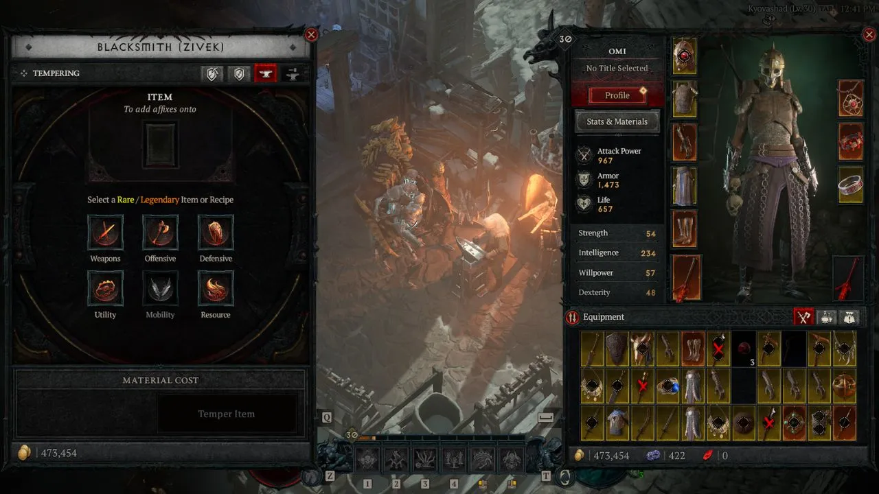 The player Necromancer in Diablo 4 with the Tempering screen in the Blacksmith open in Kyovashad.