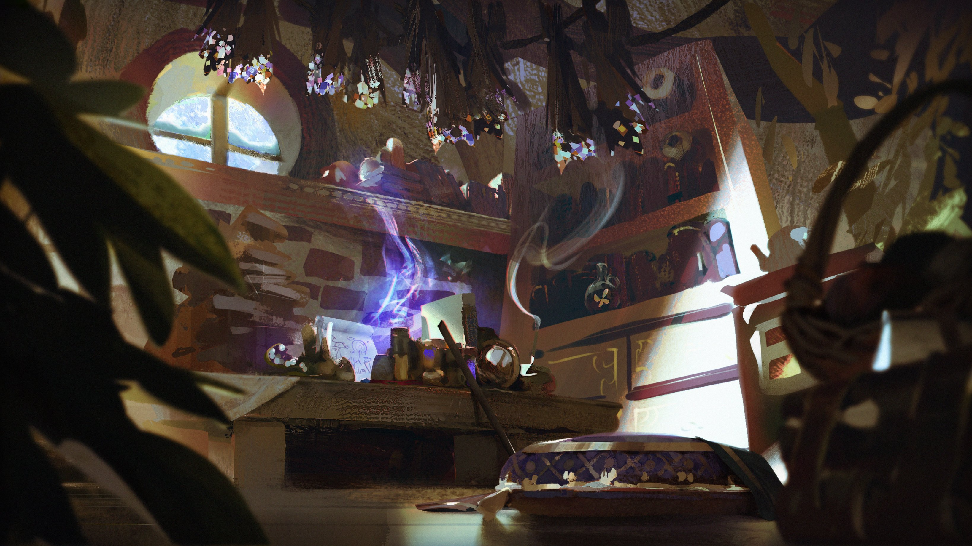 A League of Legends spellcaster's hovel with spells, a small window, and notes.