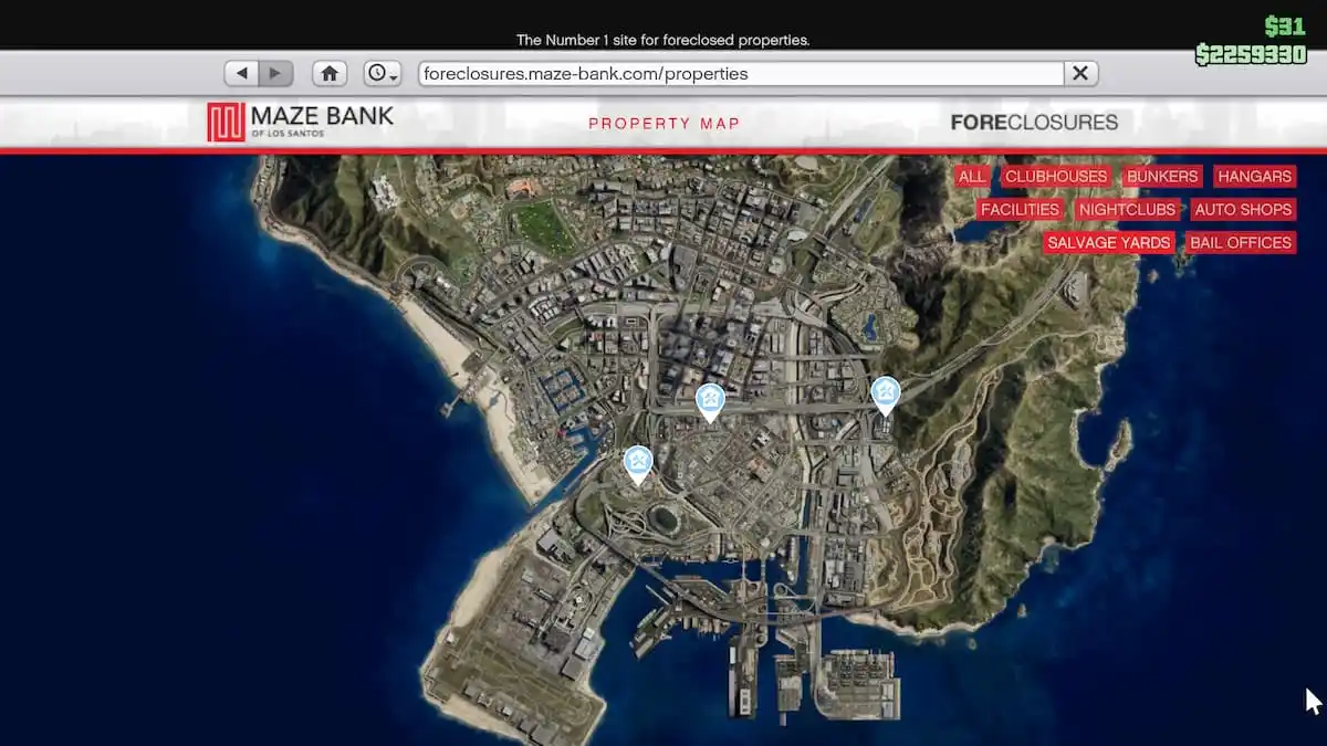 An image from GTA Online of the Maze Bank Foreclosures app, which showcases three of the Salvage Yards you can purchase.