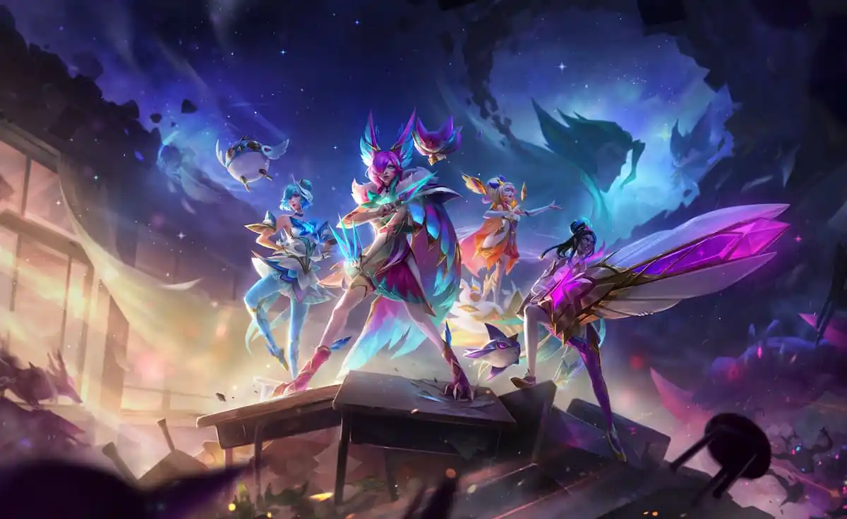 League of Legends splash art showing Star Guardian Xayah, Senna, and more.