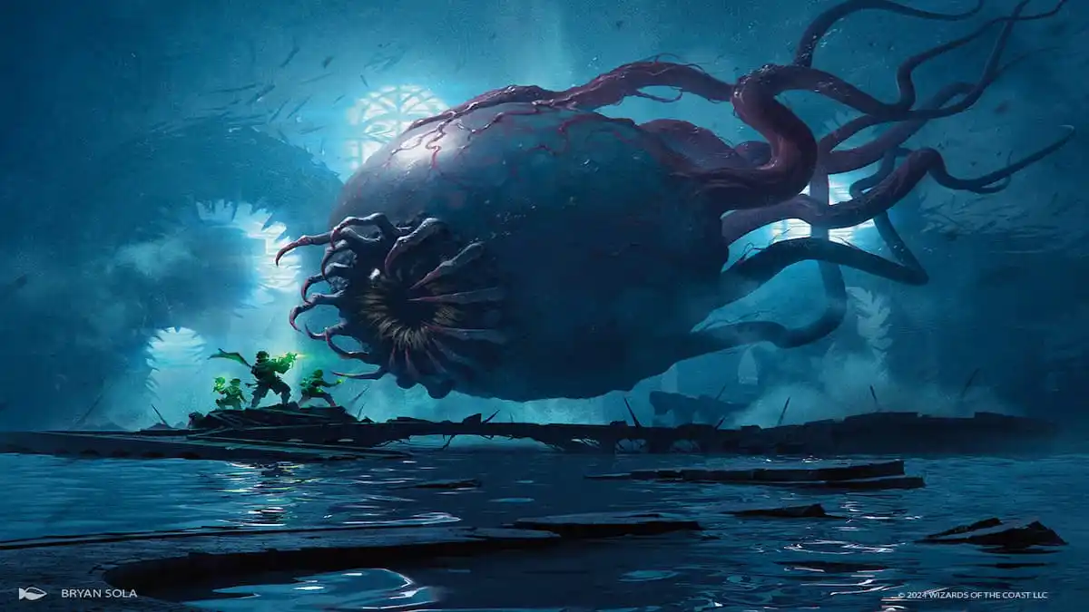 Floating horror eyeball attacking crew on raft in Duskmourn MTG set