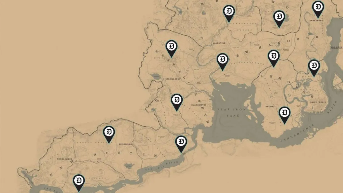 Madam Nazar's locations marked on the Rdd Dead Online map.