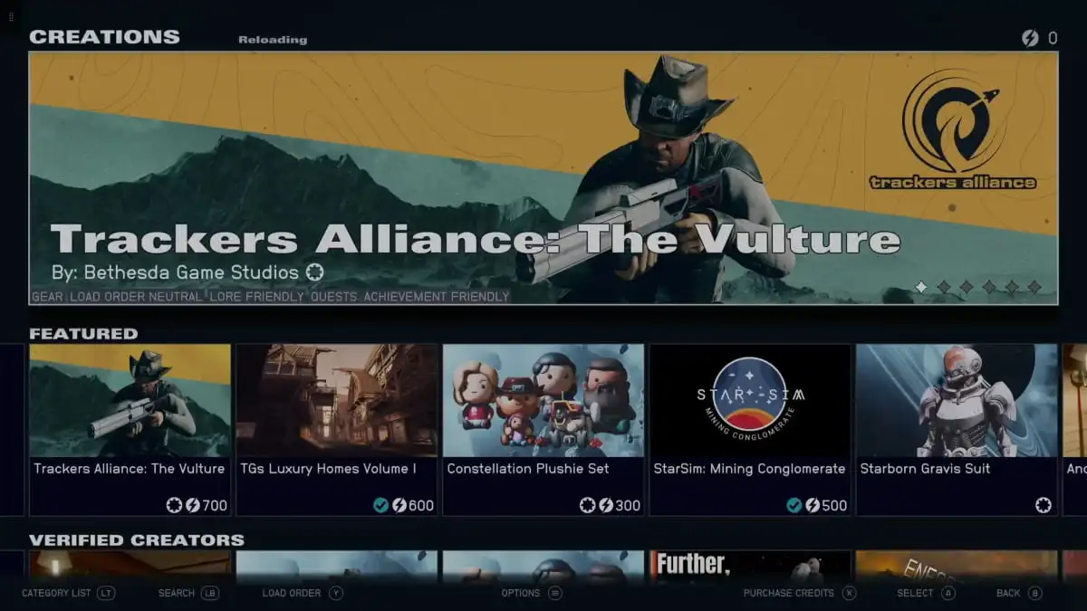 The Creations menu in Starfield on Xbox.