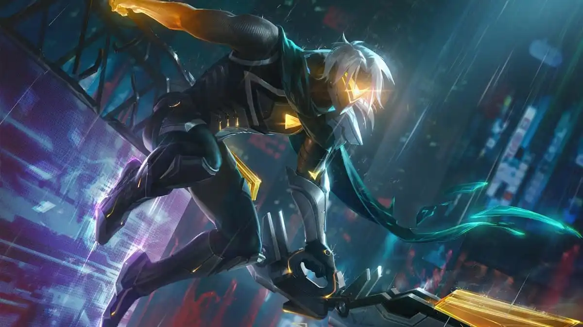 Varus jumping in a dystopian, futuristic city.