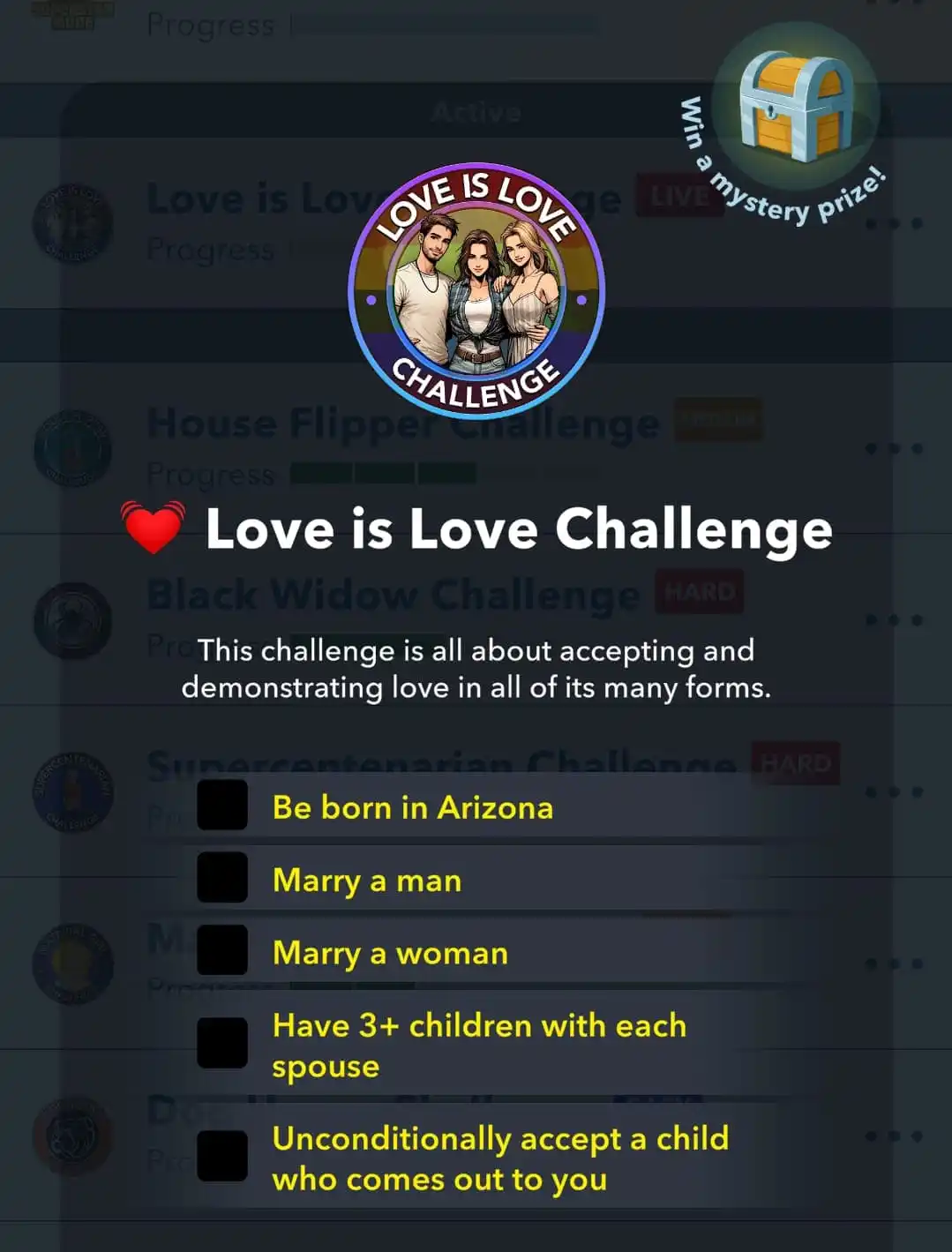 Picture of list of objectives for completing the BitLife’s Love is Love challenge.