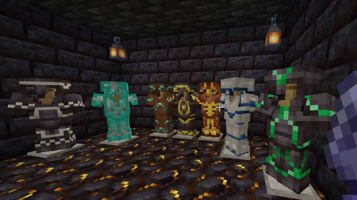 Some armor trims lined up in Minecraft.