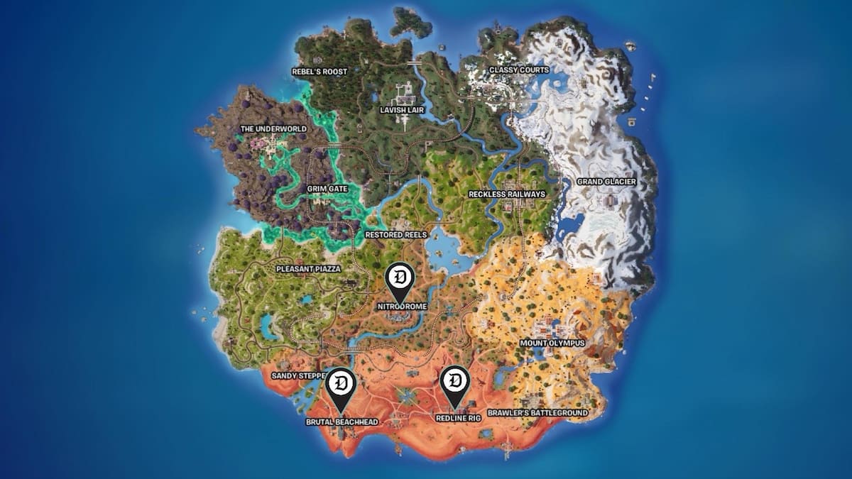 All boss locations in Fortnite Chapter Five, season three marked on a map.