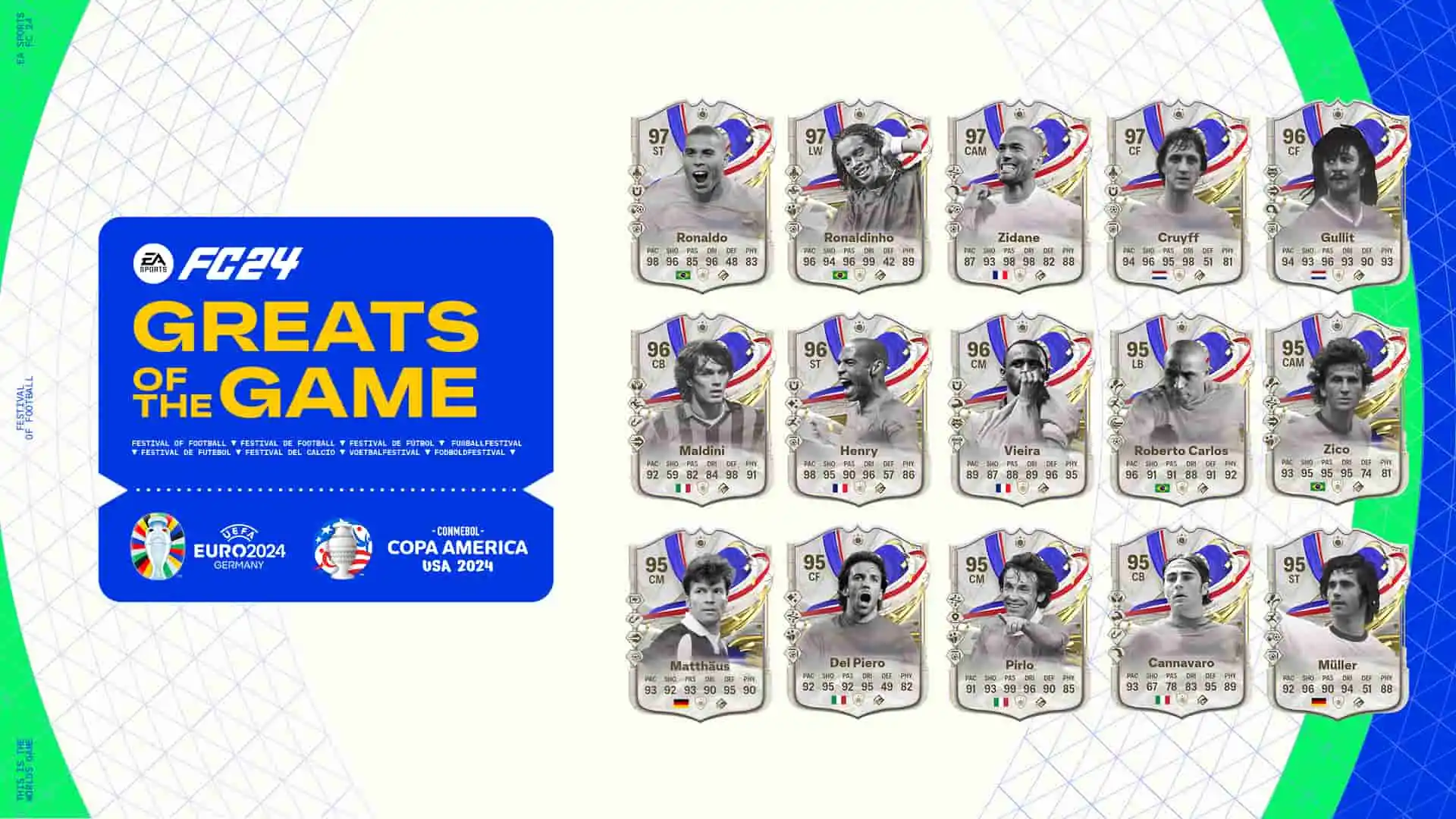 EA FC 24 Greats of the Game Icons on white background with blue logo