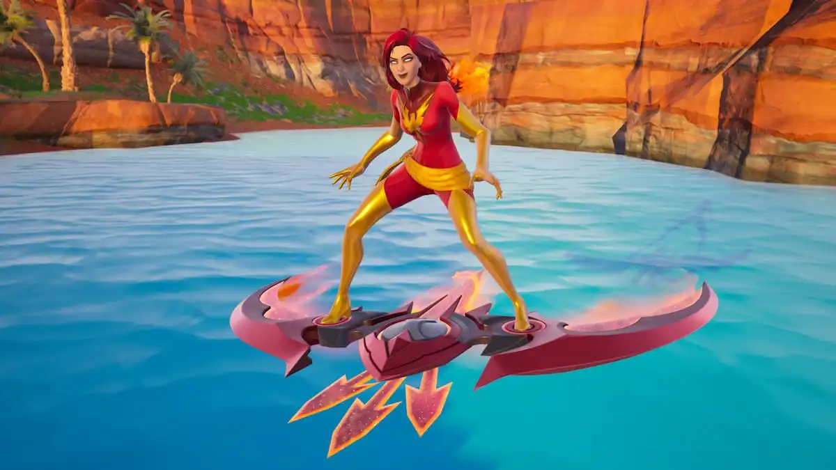 Phoenix flying over an Oasis Pool in Fortnite.