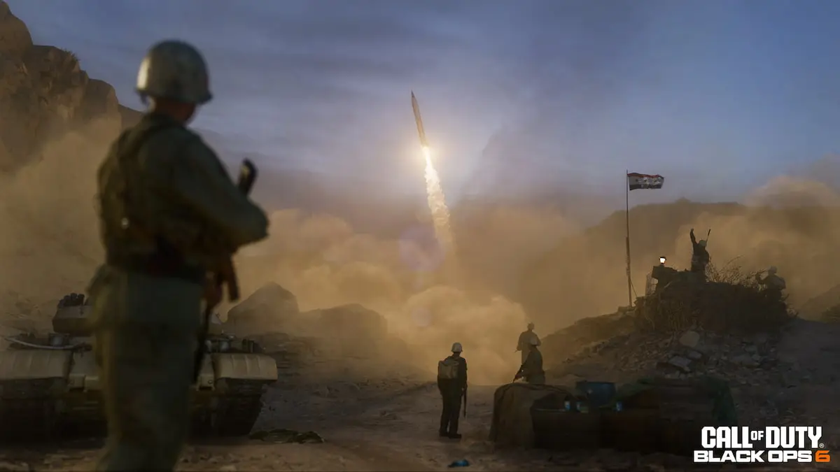 Black Ops 6 soldiers watch a missile taking off in the desert.