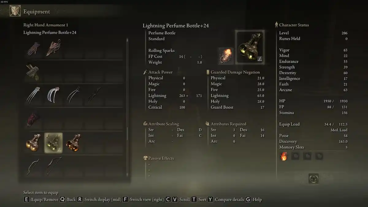 The Lightning Perfume Bottle's stats in Elden Ring: Shadow of the Erdtree.