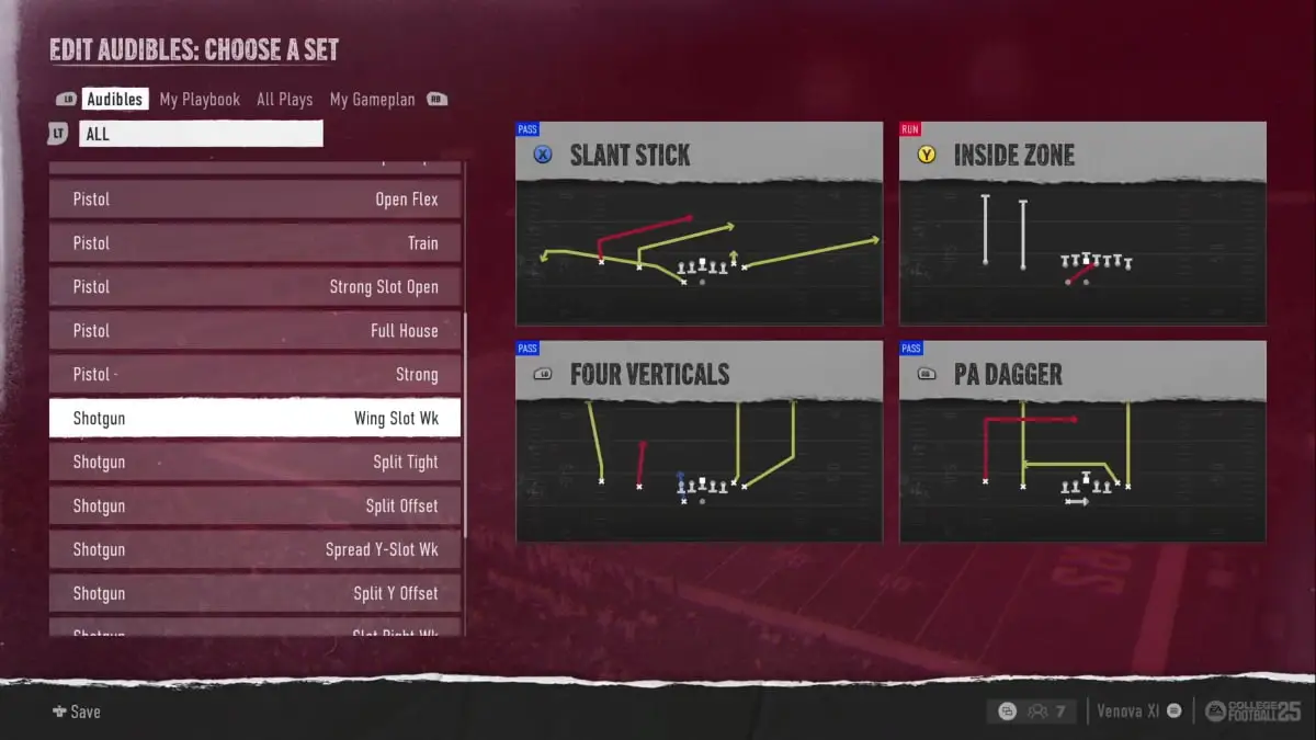 A screenshot showing plays from the Army playbook in College Football 25.