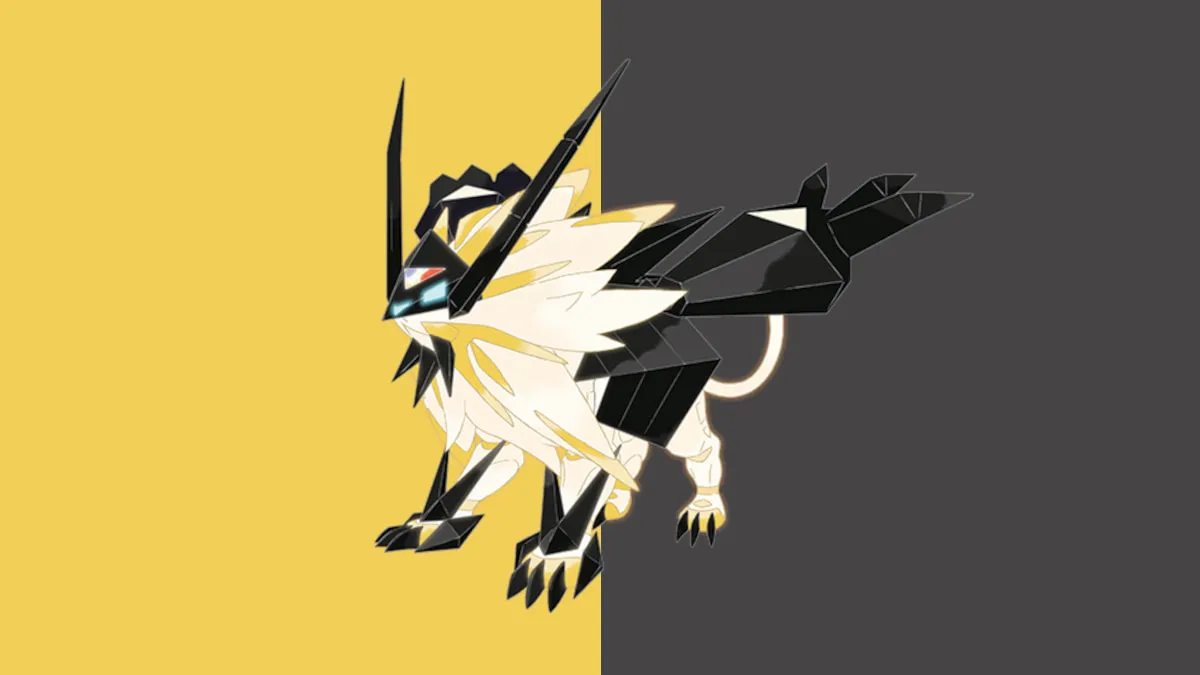 Dusk Mane Necrozma in Pokemon Go, an angular lion-like creature colored black and yellow.