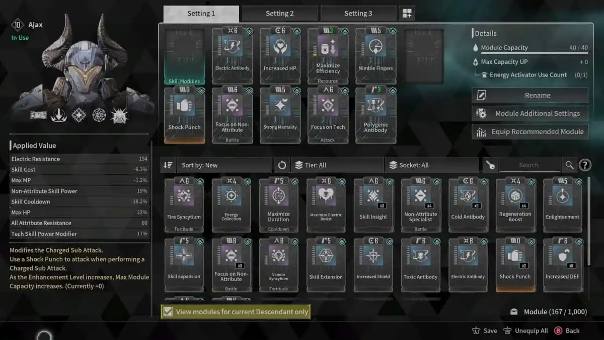 A screen showing Ajax's equipped modules in The First Descendant.