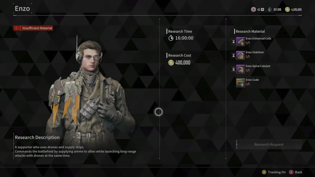 Enzo shown in the crafting menu in The First Descendant.