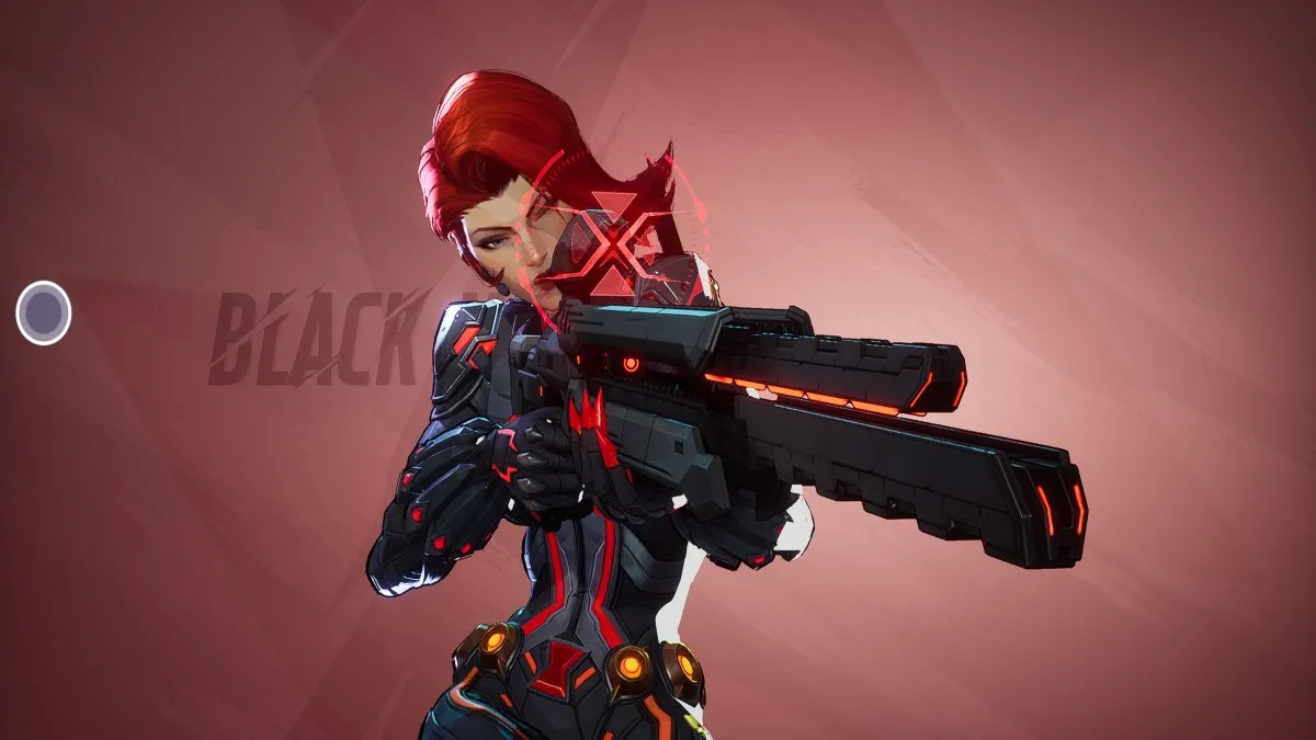 Black Widow in stylized shot with hero name for the Marvel Rivals hero menu