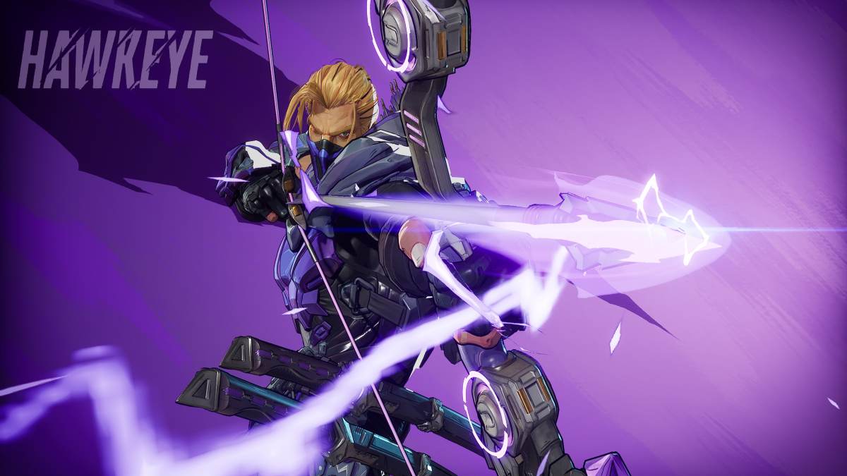 Hawkeye in stylized shot with hero name for the Marvel Rivals hero menu