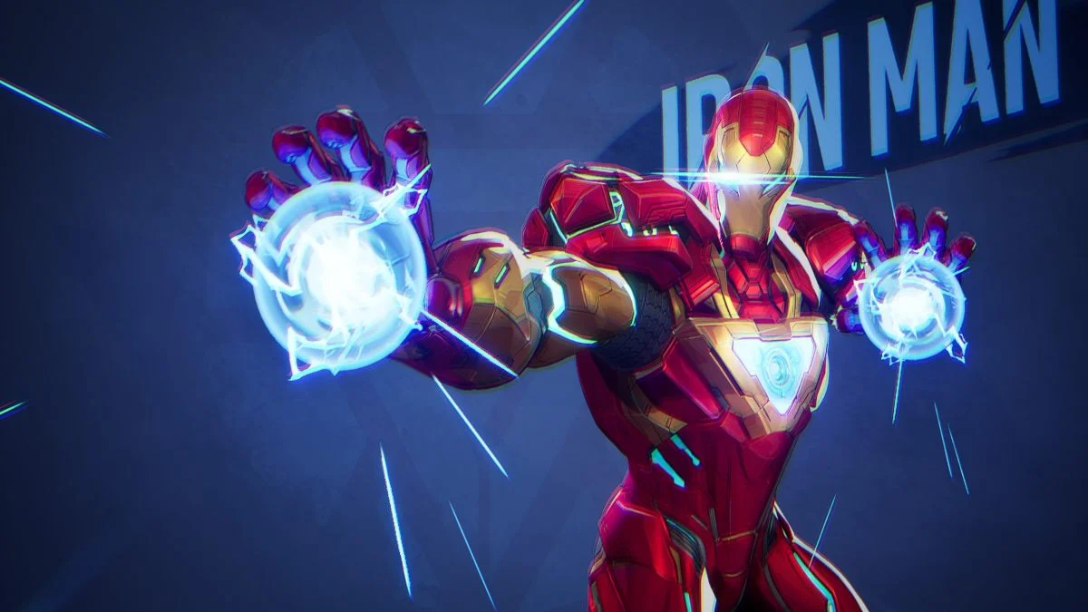 Iron Man in stylized shot with hero name for the Marvel Rivals hero menu