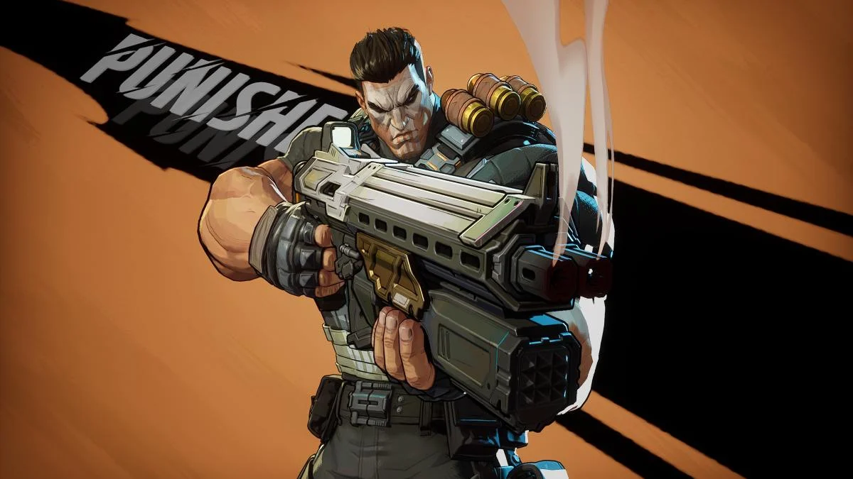 Punisher in stylized shot with hero name for the Marvel Rivals hero menu