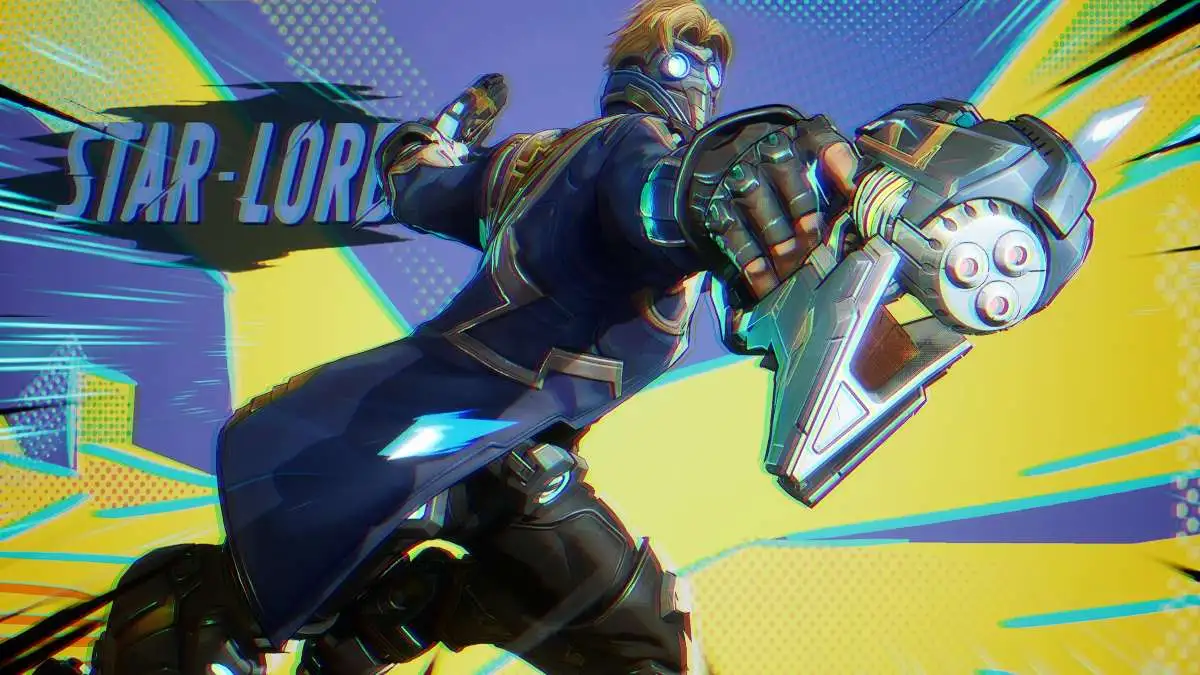 Star-Lord in stylized shot with hero name for the Marvel Rivals hero menu