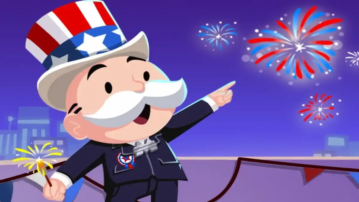 Mr. Monopoly celebrating fireworks in Monopoly GO rewards