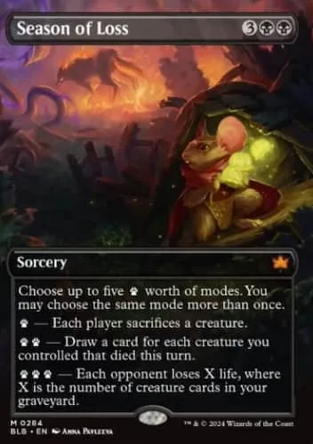 Mouse hiding from Calamity beast in MTG Bloomburrow set