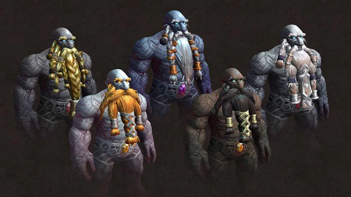 New Earthen class type in WoW The War Within featuring five males with different color beards and bodies made of stone