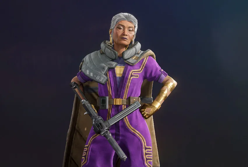 Duchess Concord, an older woman in a purple suit and wearing a cape.