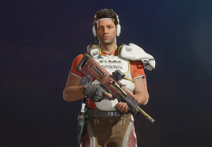 Teo Concord, a man wearing a white headset and holding a rifle in front of him.