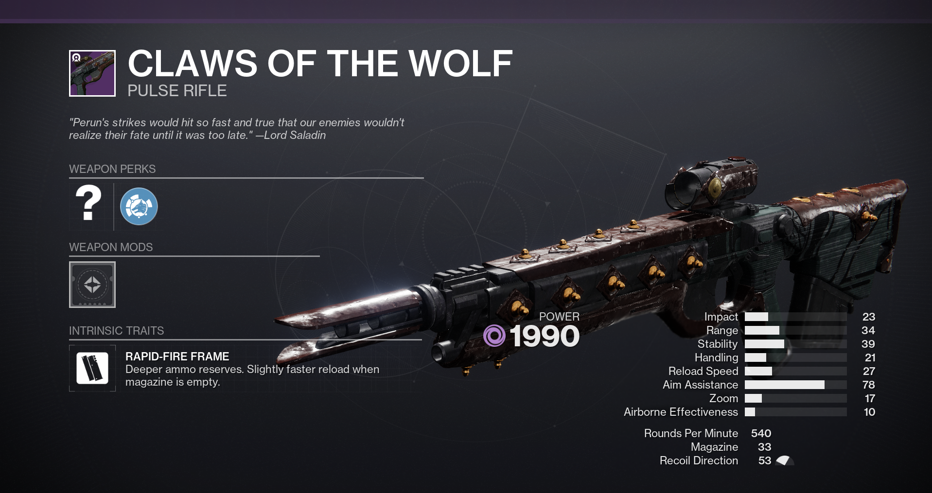 Claws of the Wolf, a pulse rifle in Destiny 2, with stats shown.