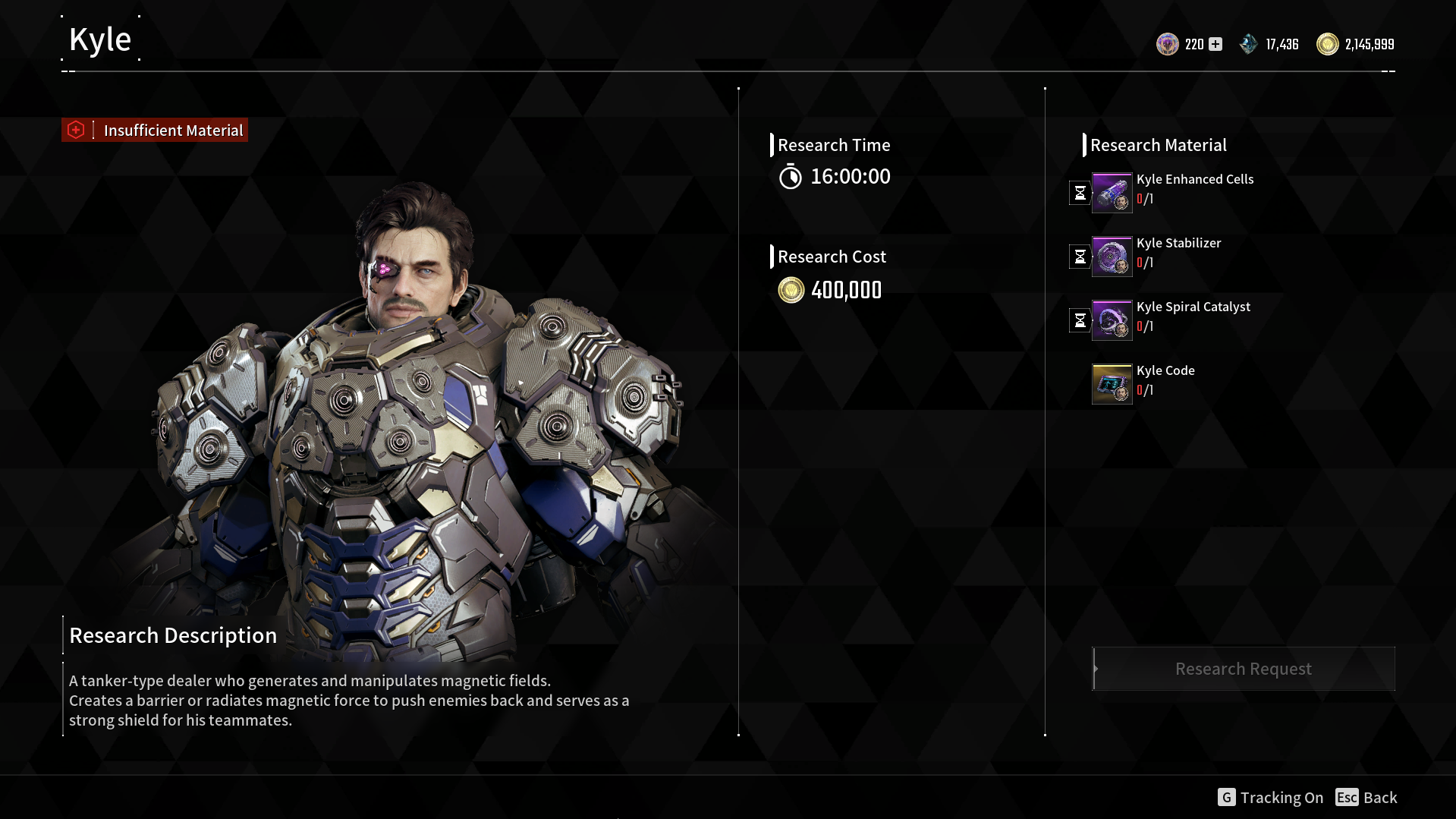 Kyle from The Last Descendant with his stats and crafting recipe.