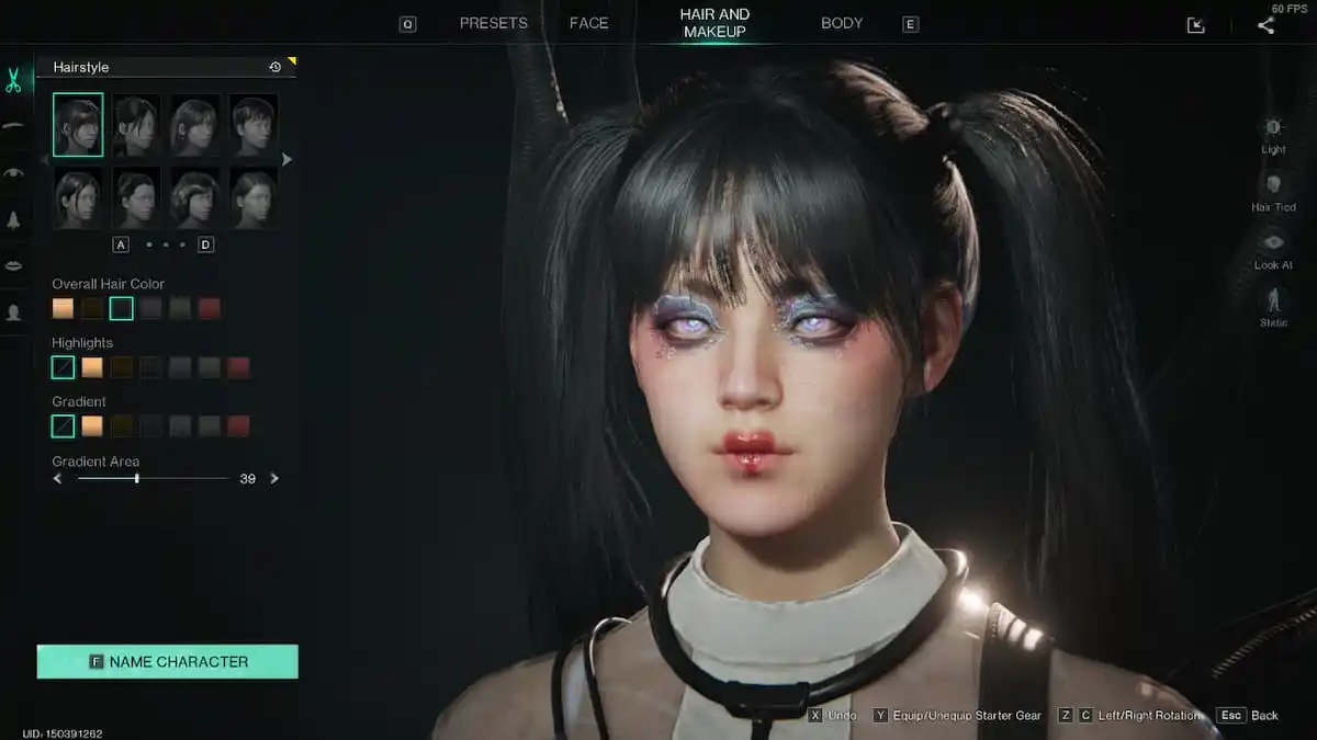 The Hair and Makeup tab in Once Human, showing a woman with pigtails, heart-shaped lipstick, and bright blue eyes and eyeshadow.