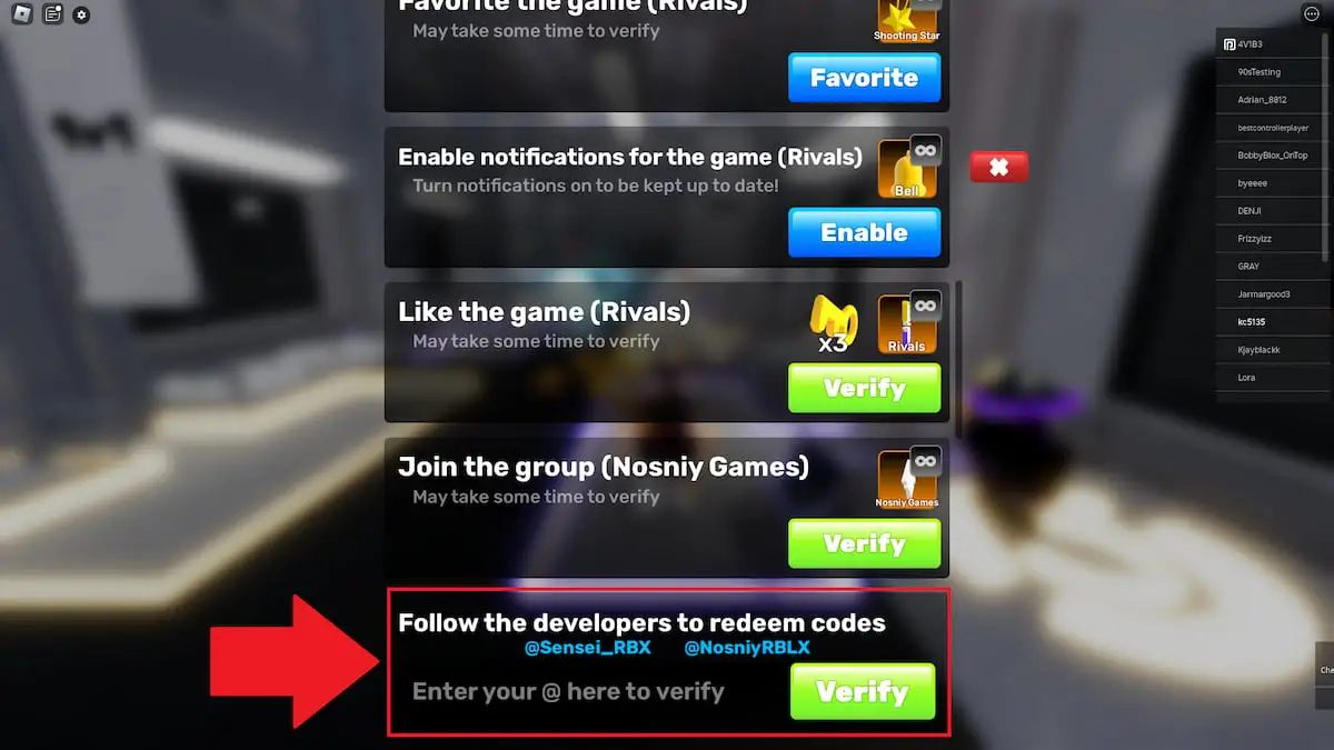 The code redemption process in Roblox Rivals.