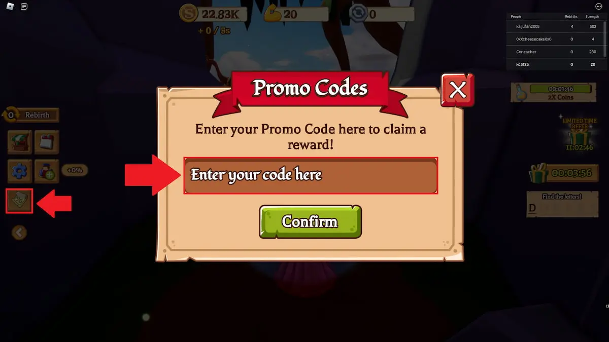 The code redemption option and box marked in Shrek Swamp Tycoon.