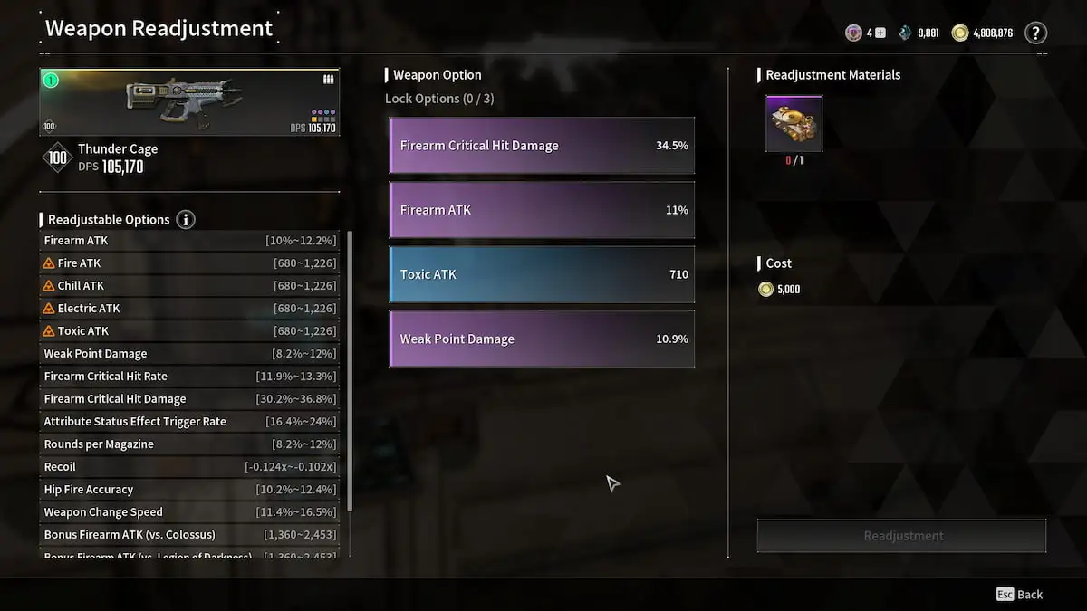 Thunder Cage stats in the Weapon Readjustment menu in The First Descendant