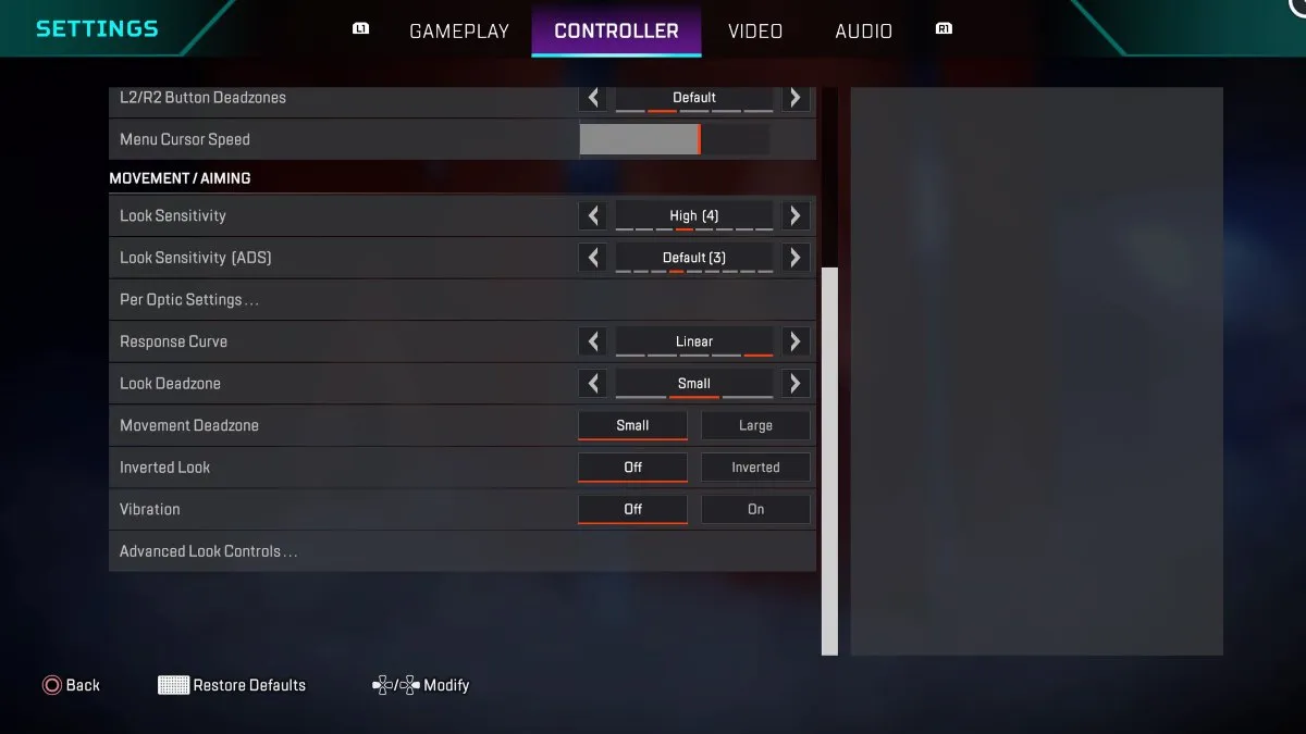 Movement and Aiming controller settings in Apex Legends menu