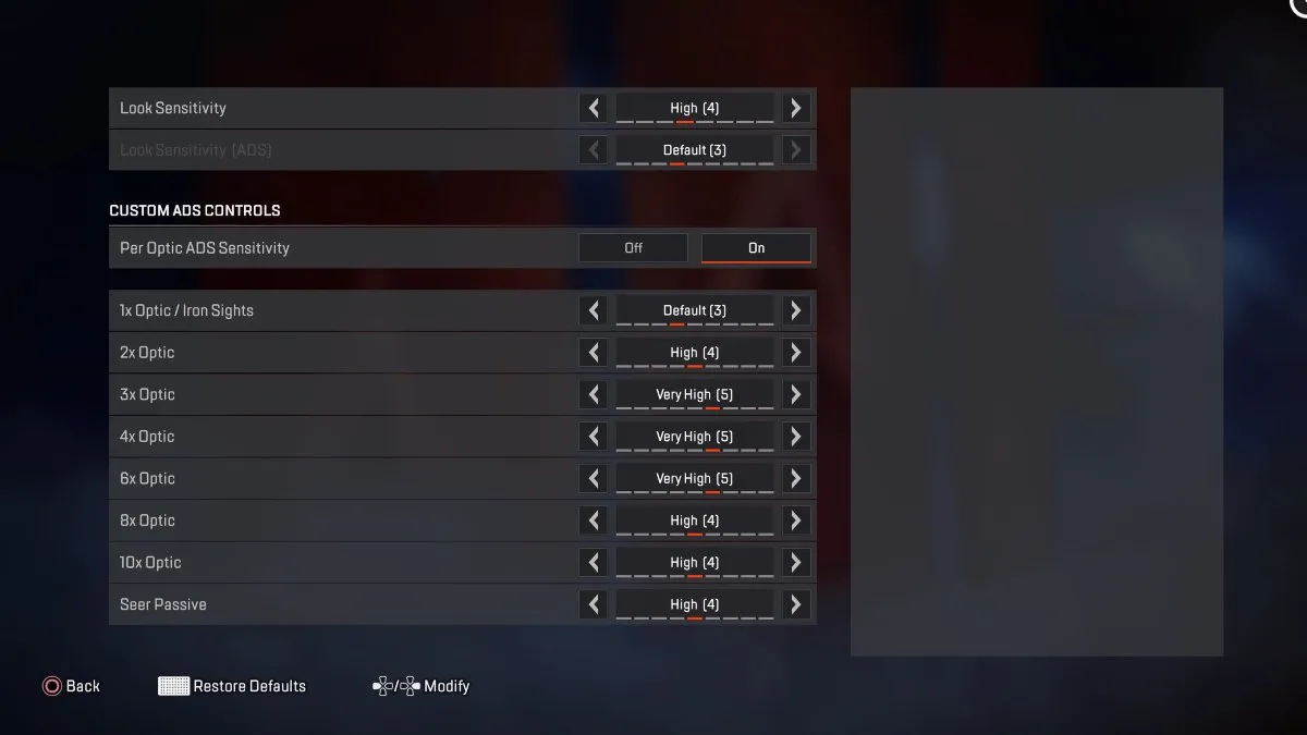 Per Optic controller settings in Apex Legends menu