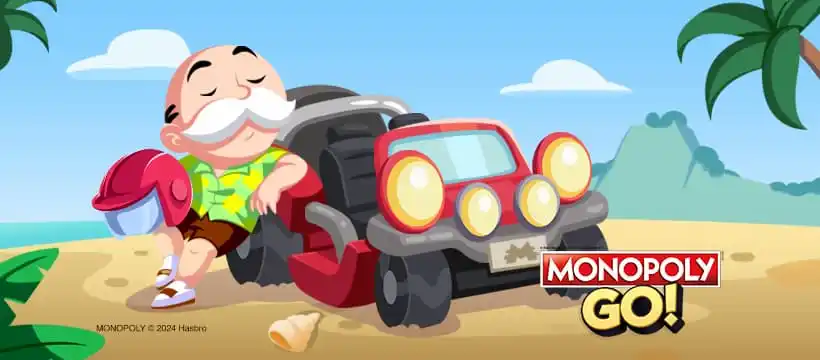 Mr. M next to buggy beach racer car in green and yellow button down shirt and brown shorts holding red helmet in Monopoly GO