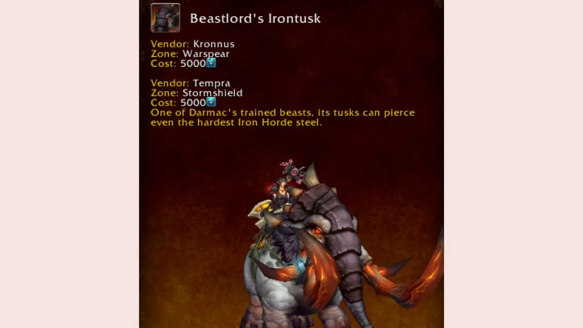 World of Warcraft mount journal showing the Beastlord Irontusk Timewarped mount.