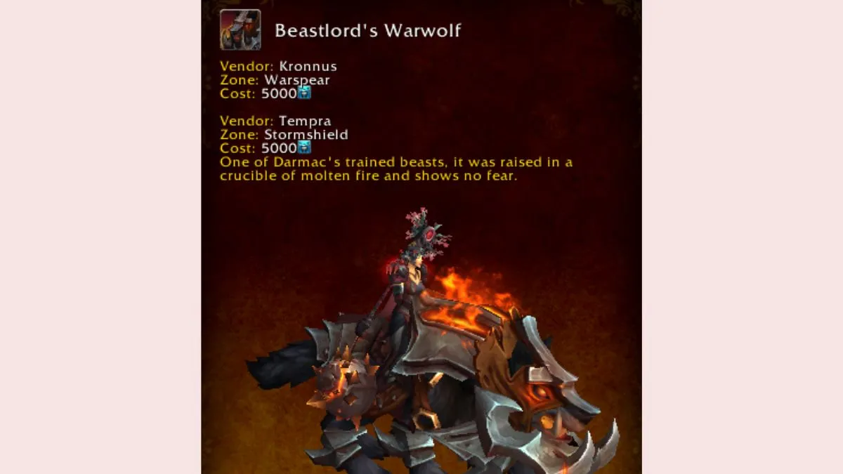 World of Warcraft mount journal showing the Beastlord's Warwolf Timewarped mount.