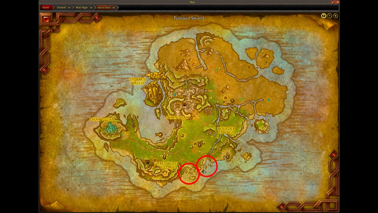 Two red circles on the Isle of Dorn map showcasing the best fishing spots for glimmerpools and calm surfacing ripples in wow the war within