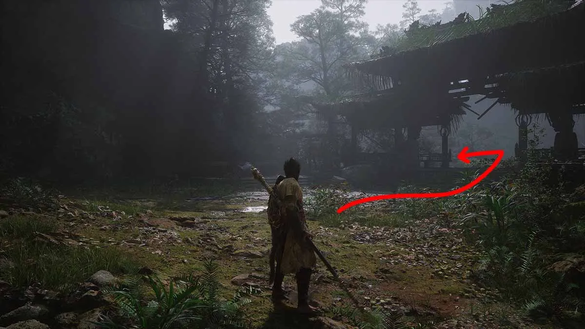 The Forest of Wolves in Black Myth: Wukong with a red arrow pointing to a Meditation Spot