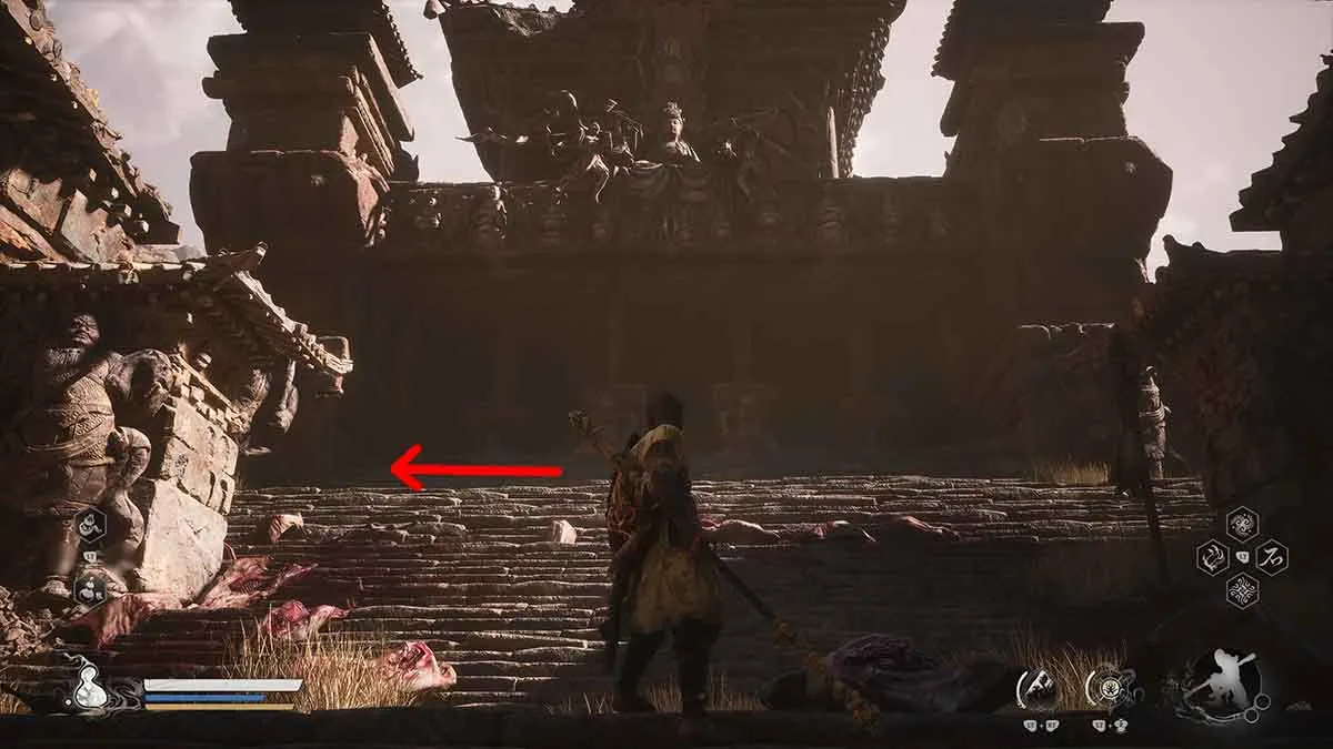 Crouching Tiger Temple in Black Myth: Wukong with a red arrow pointing to a Meditation Spot