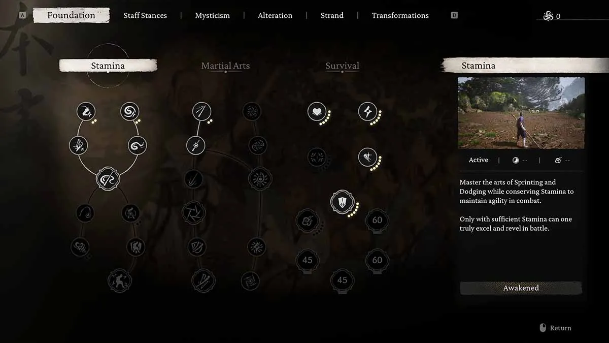 The Skill tree interface menu in Black Myth Wukong